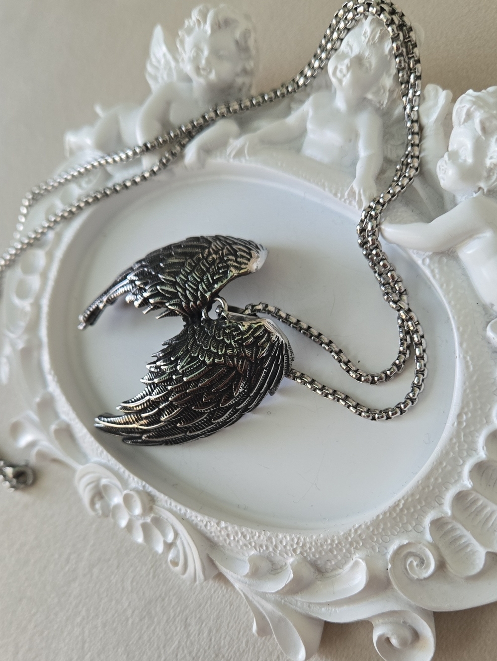 Stainless Steel Antique Silver Angel Wing Pendant Gothic Necklace, NWT
